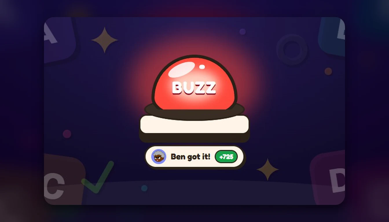 A big red BUZZ button lit up on a dark quiz stage, with a plate underneath reading "Ben got it! +725"