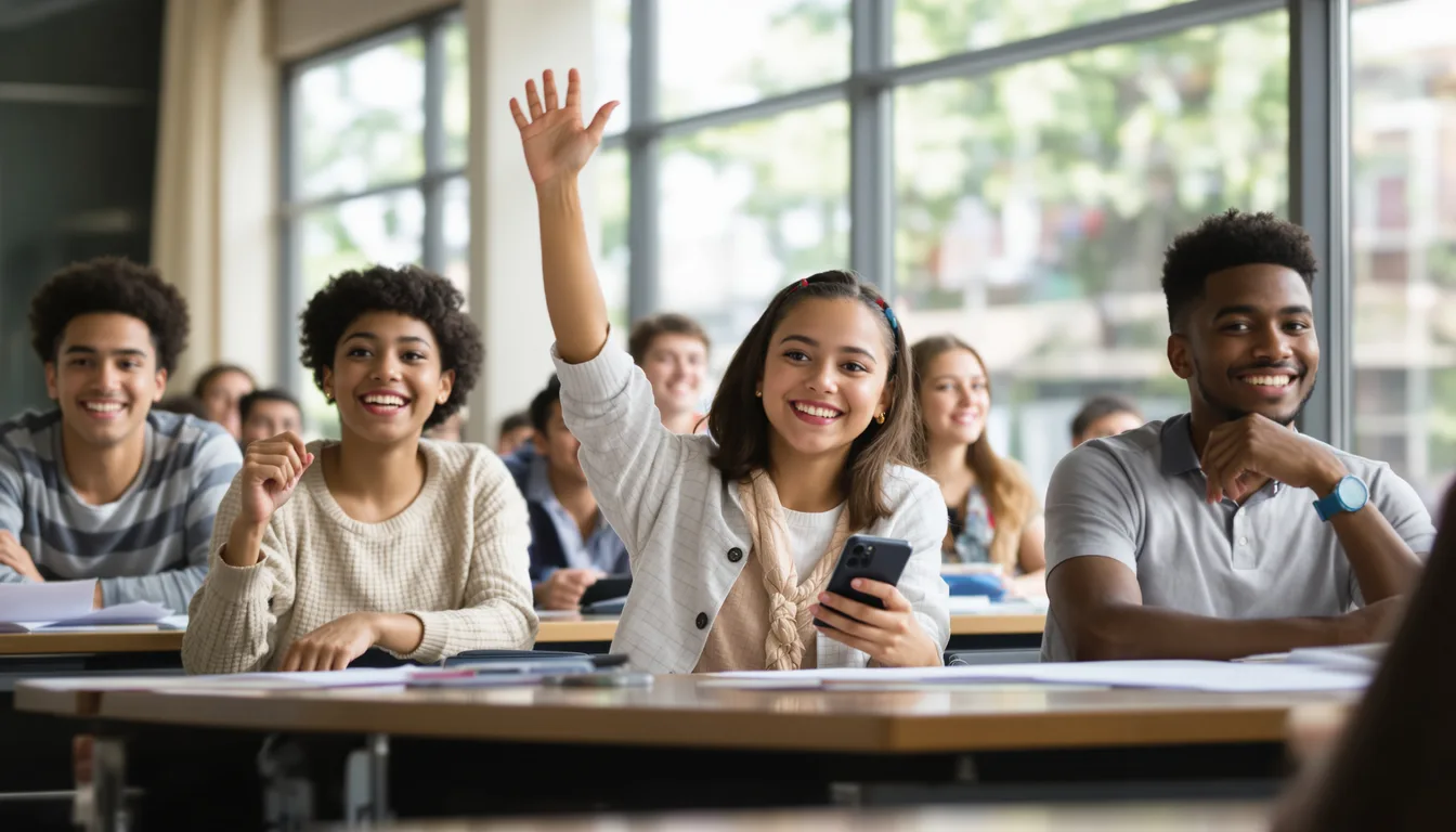 A bright classroom of smiling teenage students holding phones and raising their hands during a quiz game