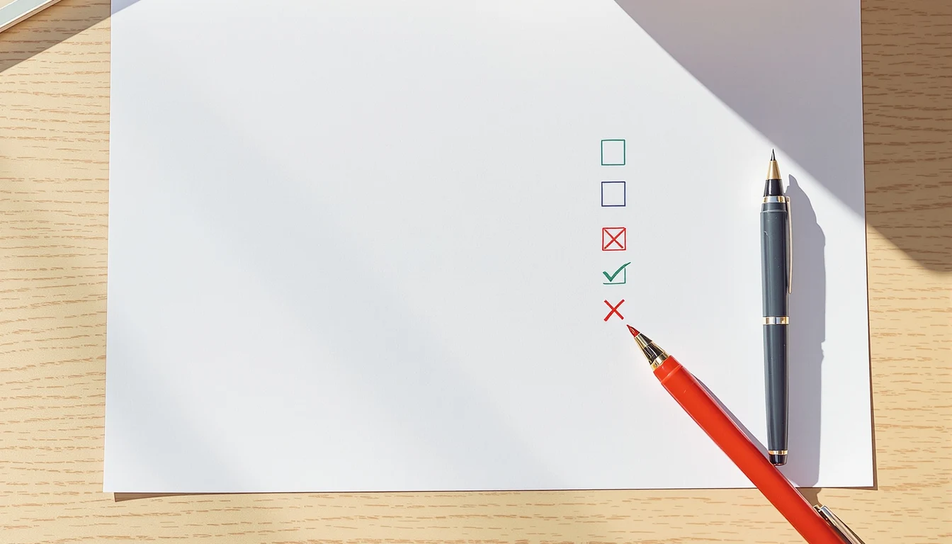 A top-down view of a quiz answer sheet with one box crossed out in red pen and another ticked in green, a red pen resting on the page in bright daylight