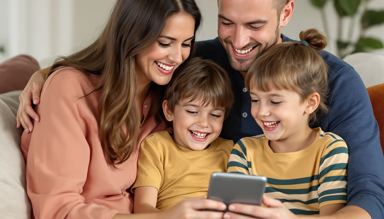 A mother, father and their two young children cuddled together on the sofa at home, smiling and playing a quiz on a phone