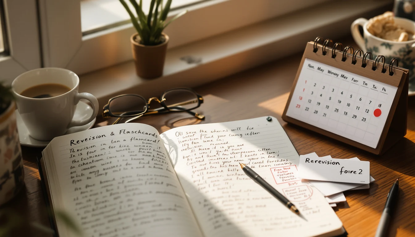 A cosy desk by a bright window with an open notebook, a fan of handwritten revision flashcards, a cup of coffee, reading glasses and a desk calendar with several days circled