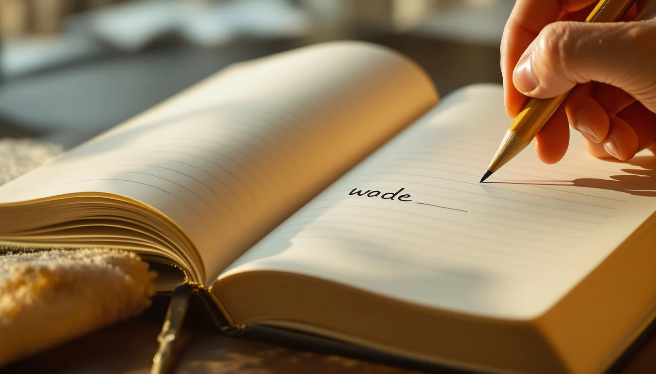 A hand filling in a blank in a notebook with a pencil, the missing word half-written, next to a closed textbook