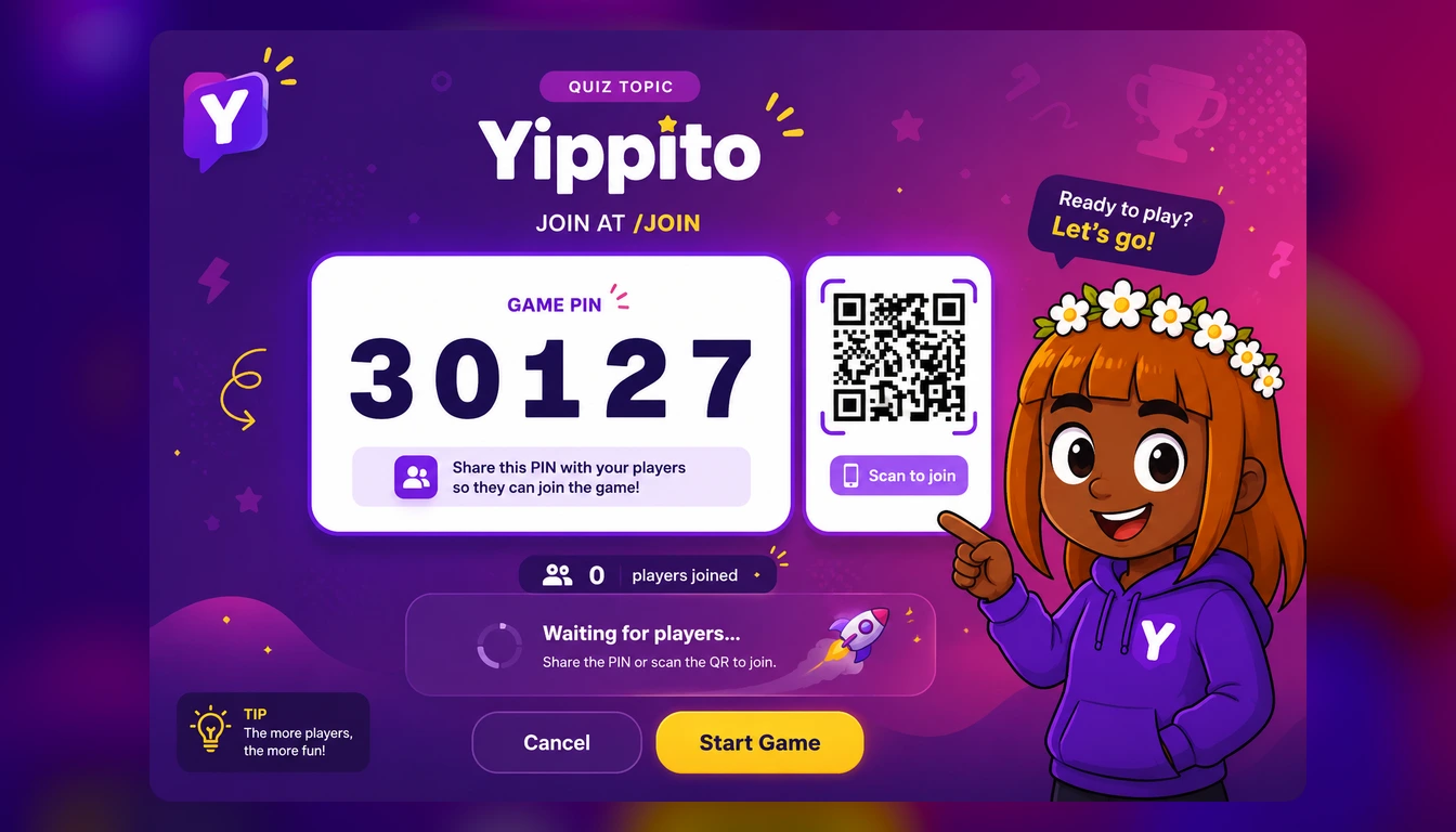 The Yippito host lobby screen with a big game PIN and QR code to join, a "waiting for players" state and Start Game button