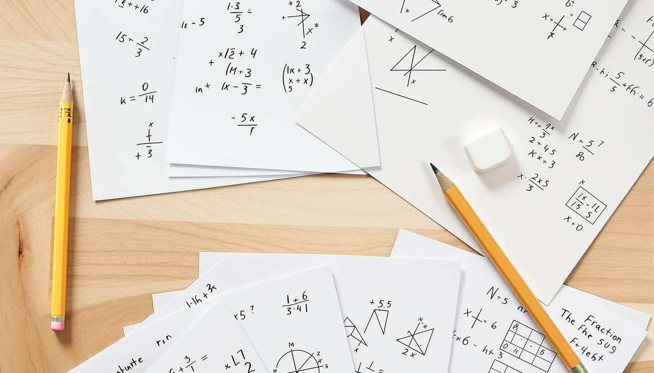 A study desk with several different worksheets shuffled together — algebra, geometry and fractions problems mixed in one stack rather than sorted into neat piles