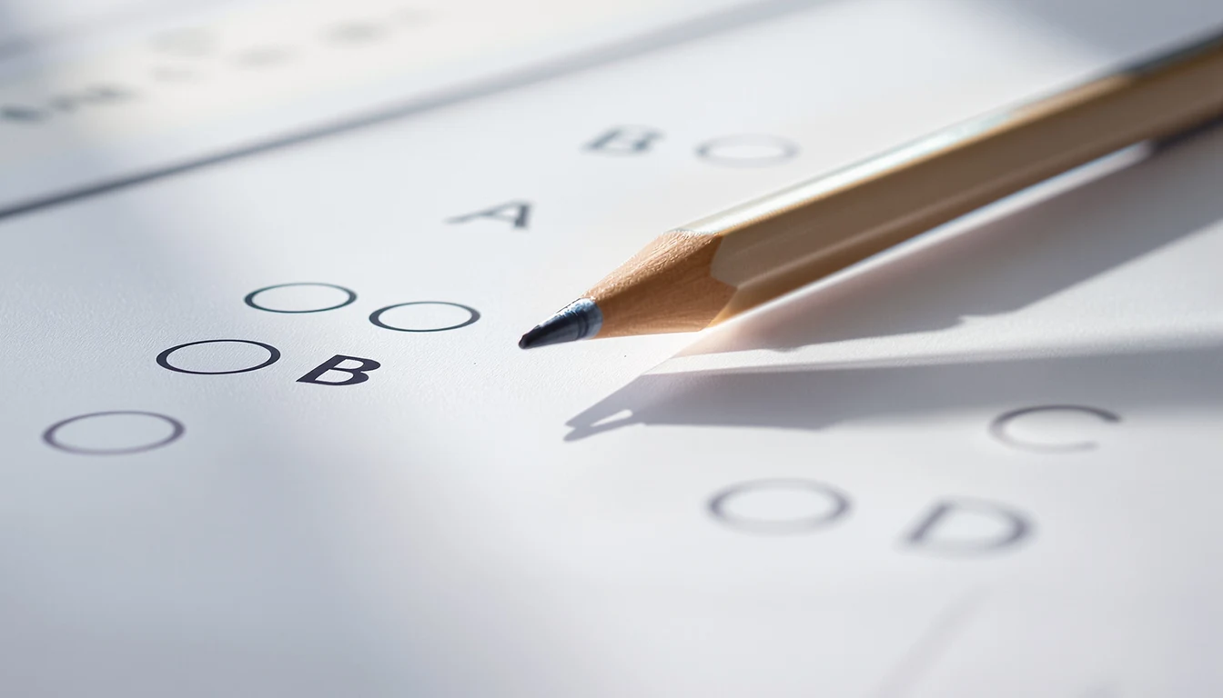 A close-up of a multiple-choice question on paper with four options A to D and a pencil resting beside it
