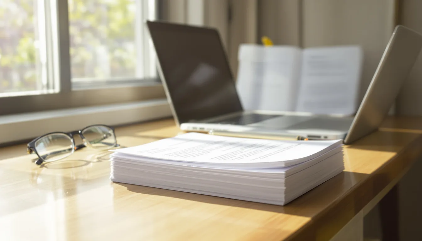 A teacher’s desk with a stack of printed document pages beside an open laptop, glasses and a pen