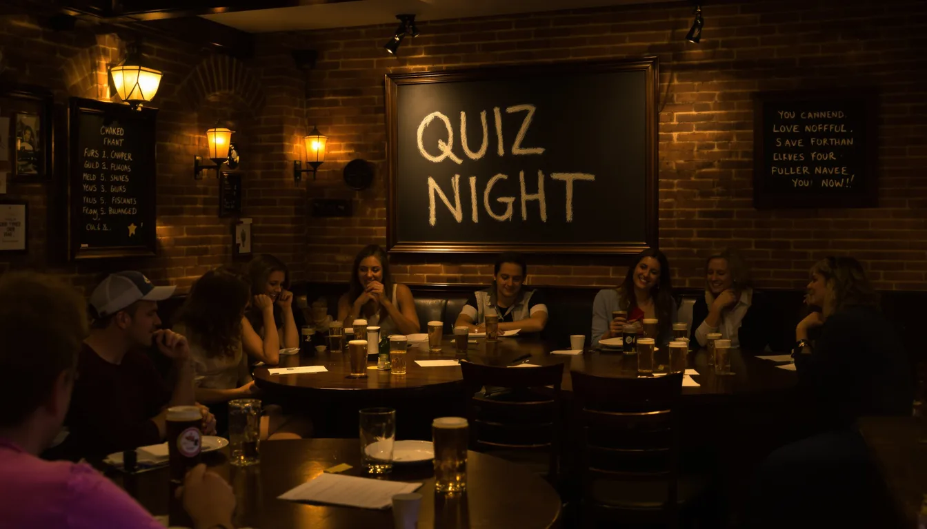 A cosy British pub on quiz night with friends at wooden tables, pint glasses and answer sheets, and a QUIZ NIGHT chalkboard on the wall