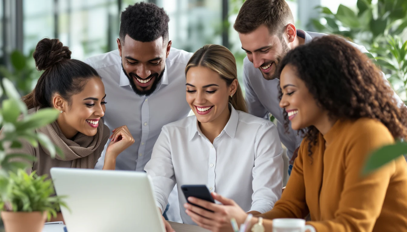 A small team gathered around a laptop in a bright office, laughing during a team quiz