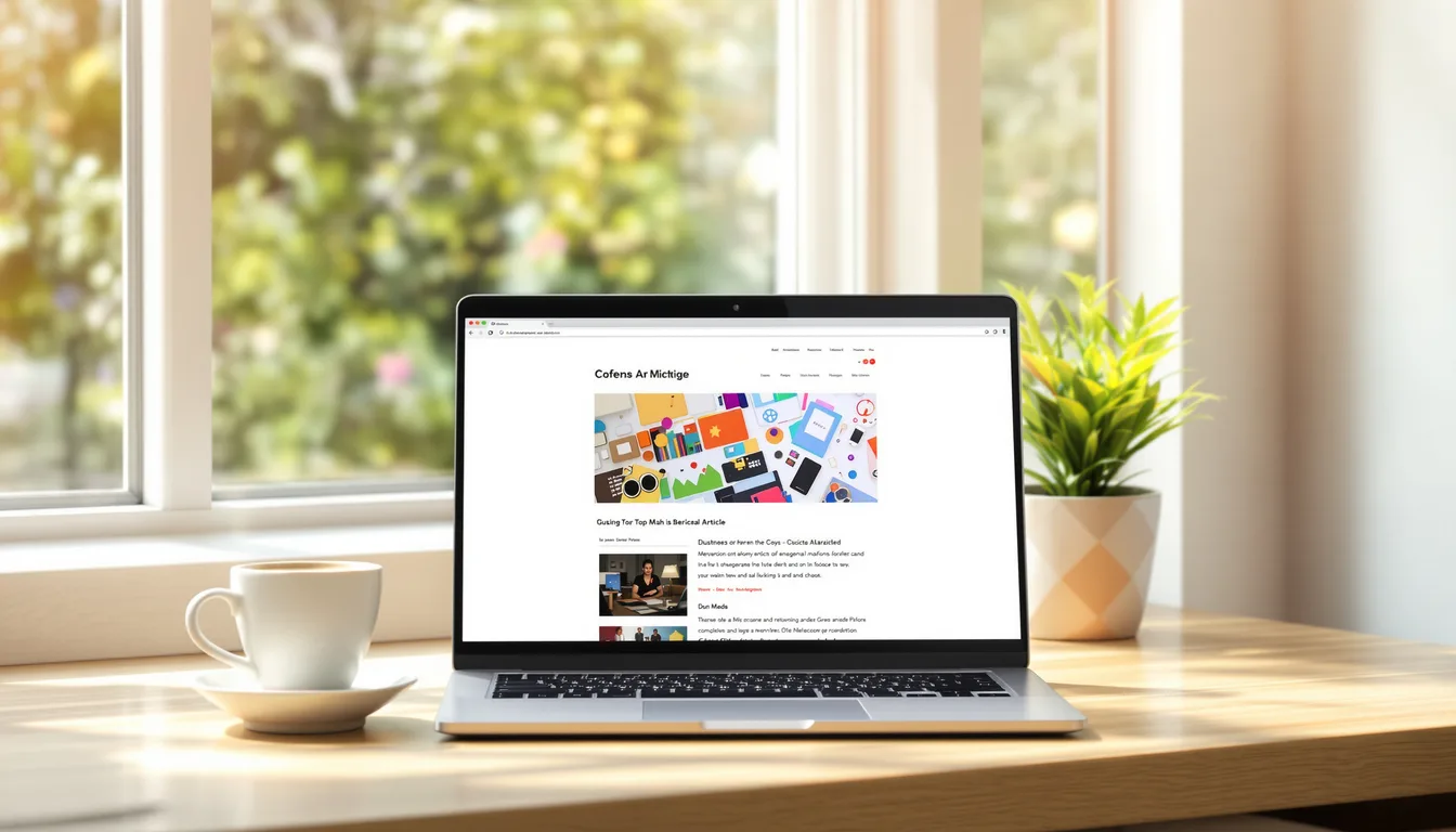 An open laptop on a cosy desk by a window showing a web article, with a coffee and a small plant