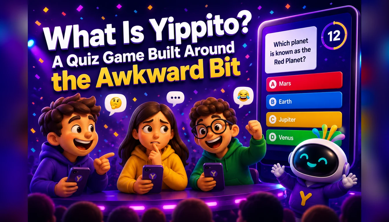Illustration of three players answering a quiz on their phones in front of a big screen showing a question and four coloured answers, with the Yippi robot cheering beside it