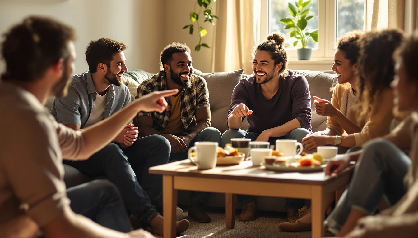 A group of friends sitting on the floor around a coffee table, laughing while playing a game together