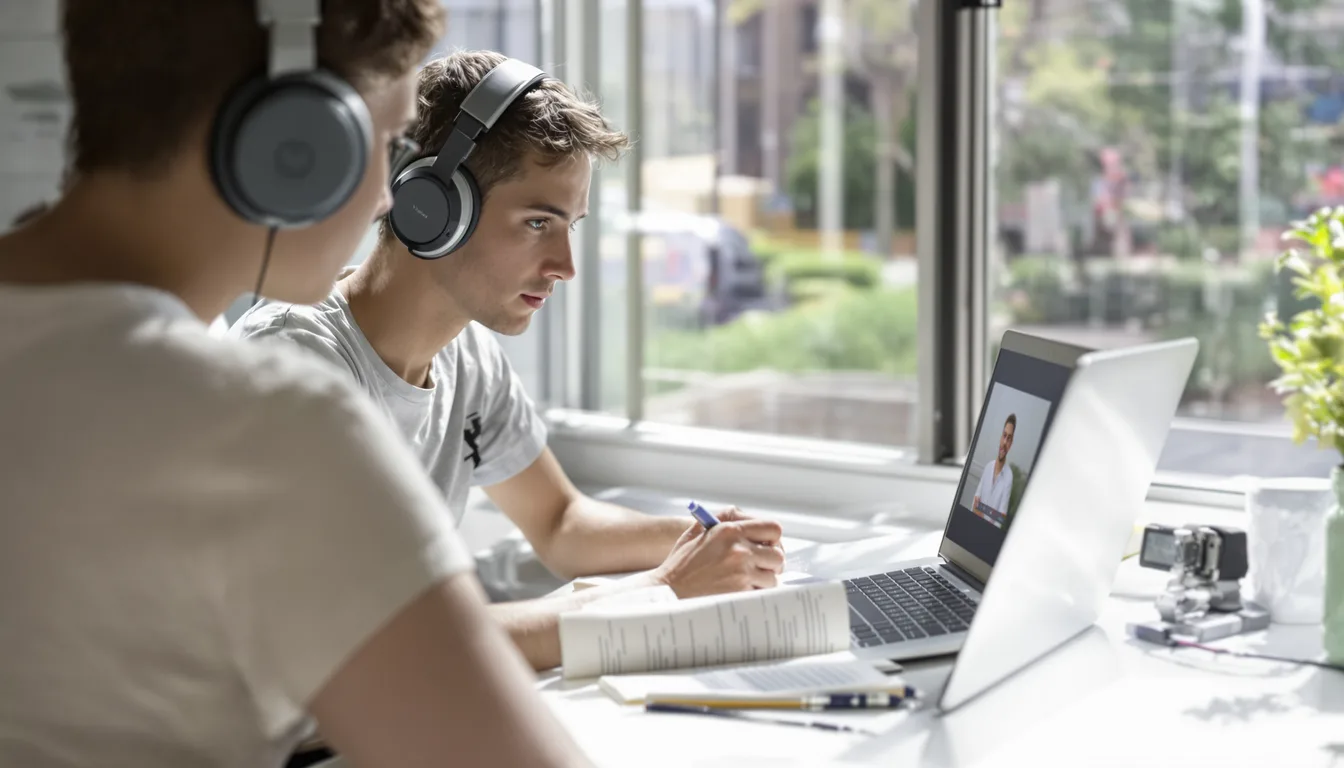 A young adult at a bright desk watching a video lecture on a laptop with headphones, taking notes