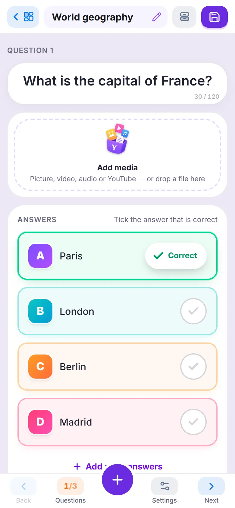 The Yippito quiz builder on a phone: the question, a media slot and four answers with the correct one ticked