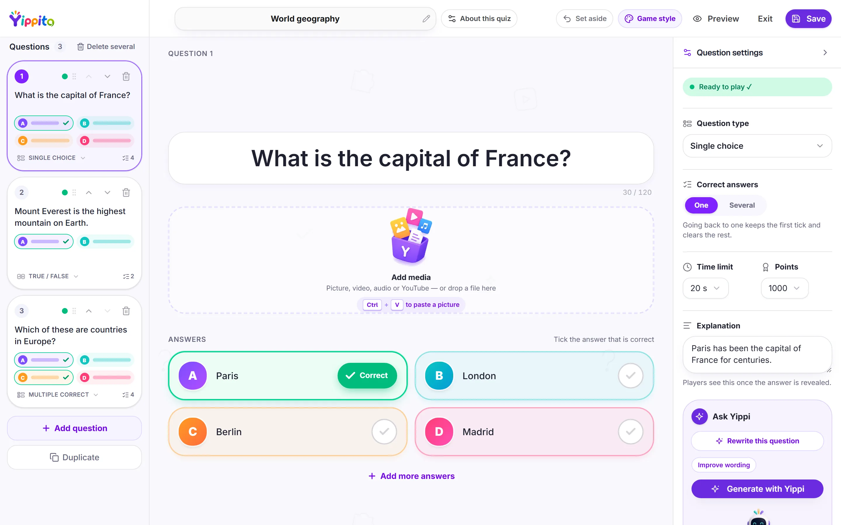 The Yippito quiz builder: a question open for editing, the question list on the left and AI assistance on the right