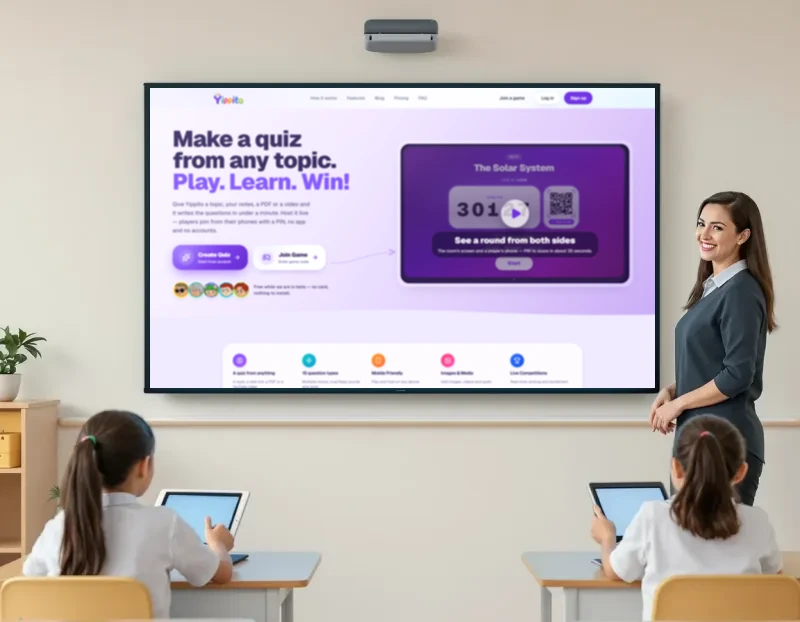 Primary school children with tablets watching the Yippito quiz app on the class screen while their teacher runs a live quiz