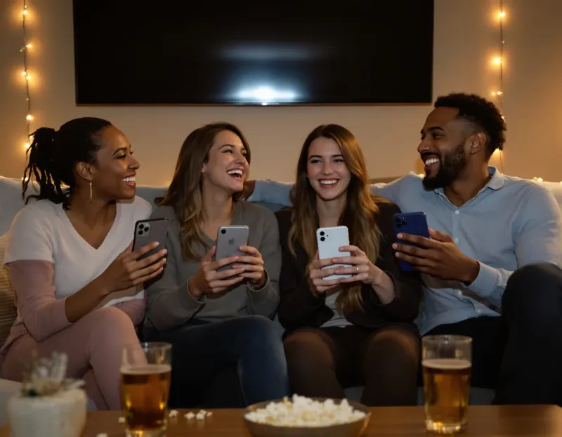 A group of friends laughing on a sofa, each holding a phone during a quiz game night