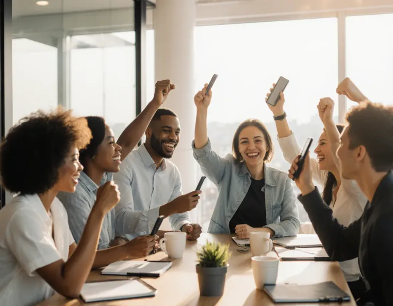 Colleagues around an office table cheering while playing a quiz on their phones
